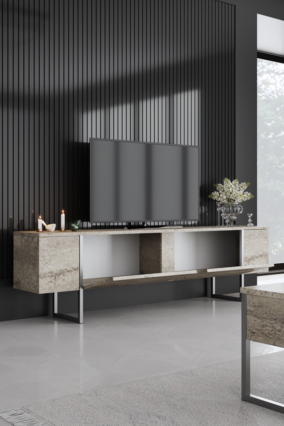 TV Meubels - TV Meubel Travertin Luxe 180x50x30 - Zilver Frame - Dimehouse
