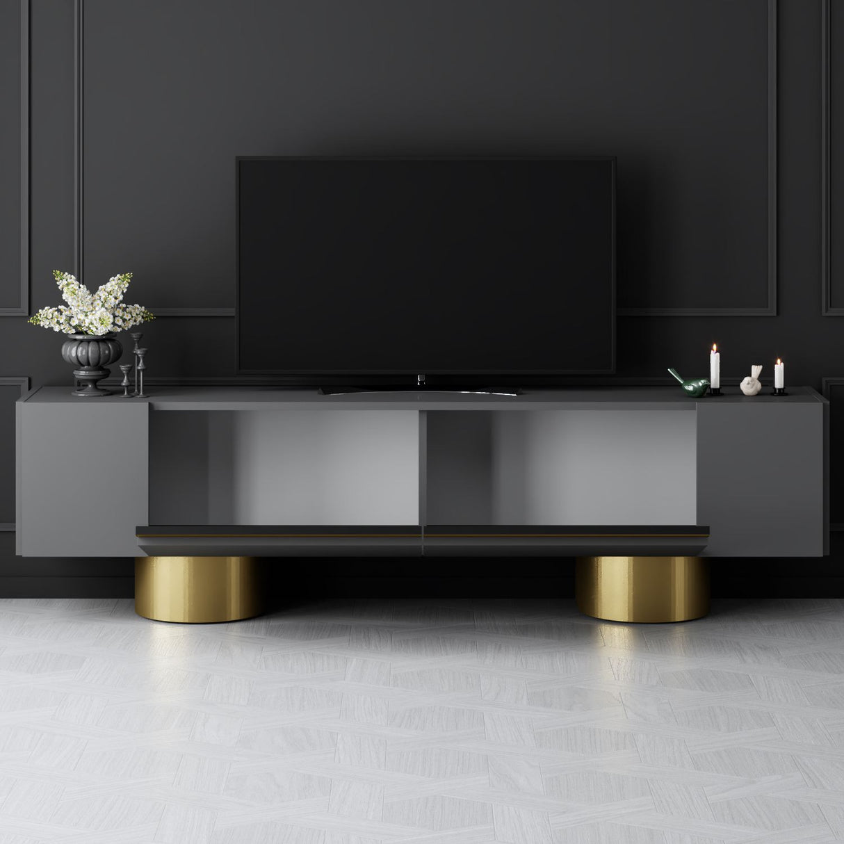 TV Meubels - TV Meubel Antraciet Bohem 180x50x30 - Gouden Frame - Dimehouse