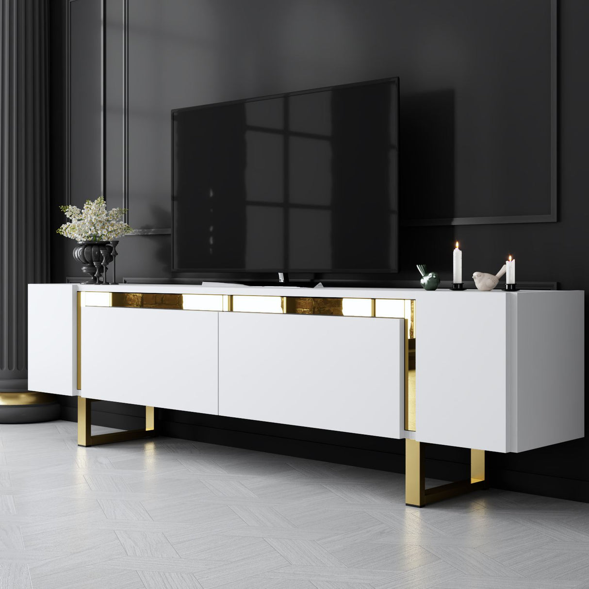 TV Meubels - TV Meubel Wit Yildiz 180x50x30 - Gouden Frame - Dimehouse