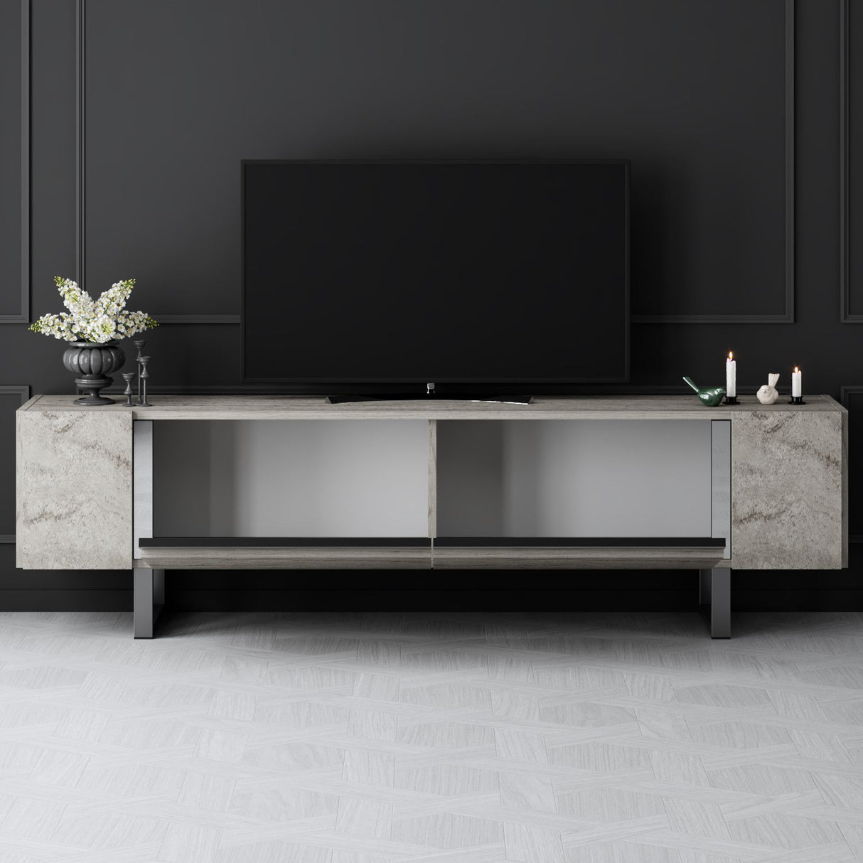 TV Meubels - TV Meubel Travertin Yildiz 180x50x30 - Zilver Frame - Dimehouse