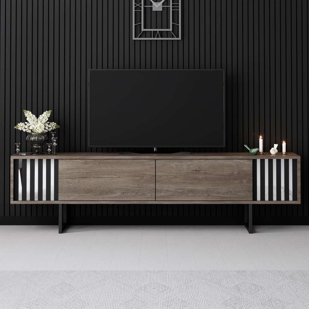 TV Meubels - TV Meubel Walnoot Chrome Line 180x48x30 - Zwart Frame - Dimehouse