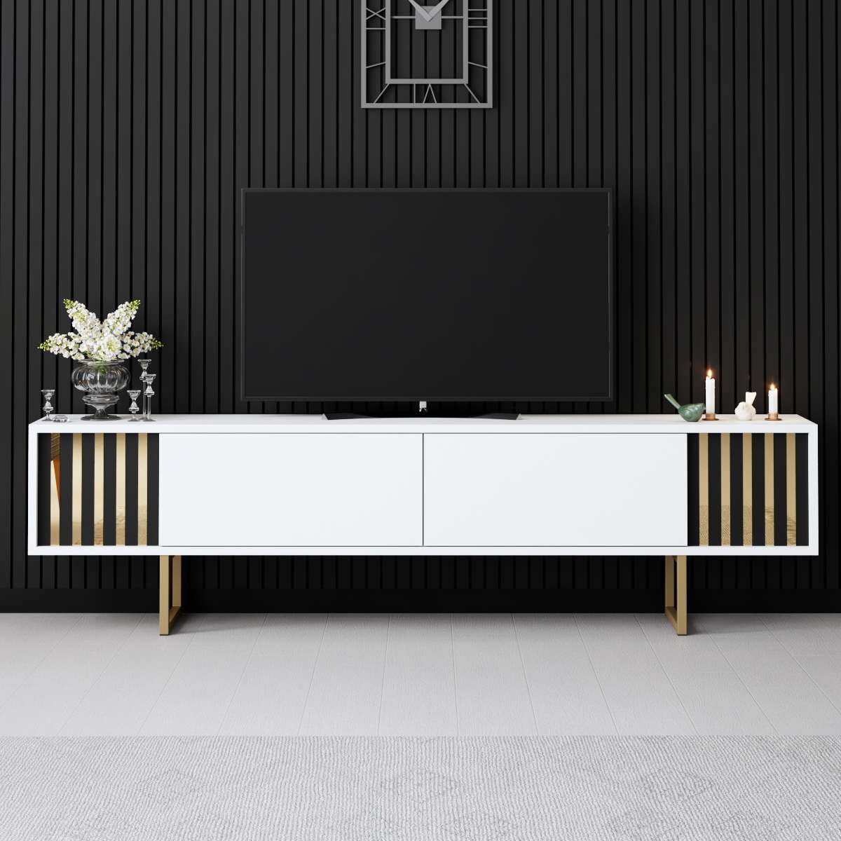 TV Meubels - TV Meubel Wit Gold Line 180x48x30 - Gouden Frame - Dimehouse