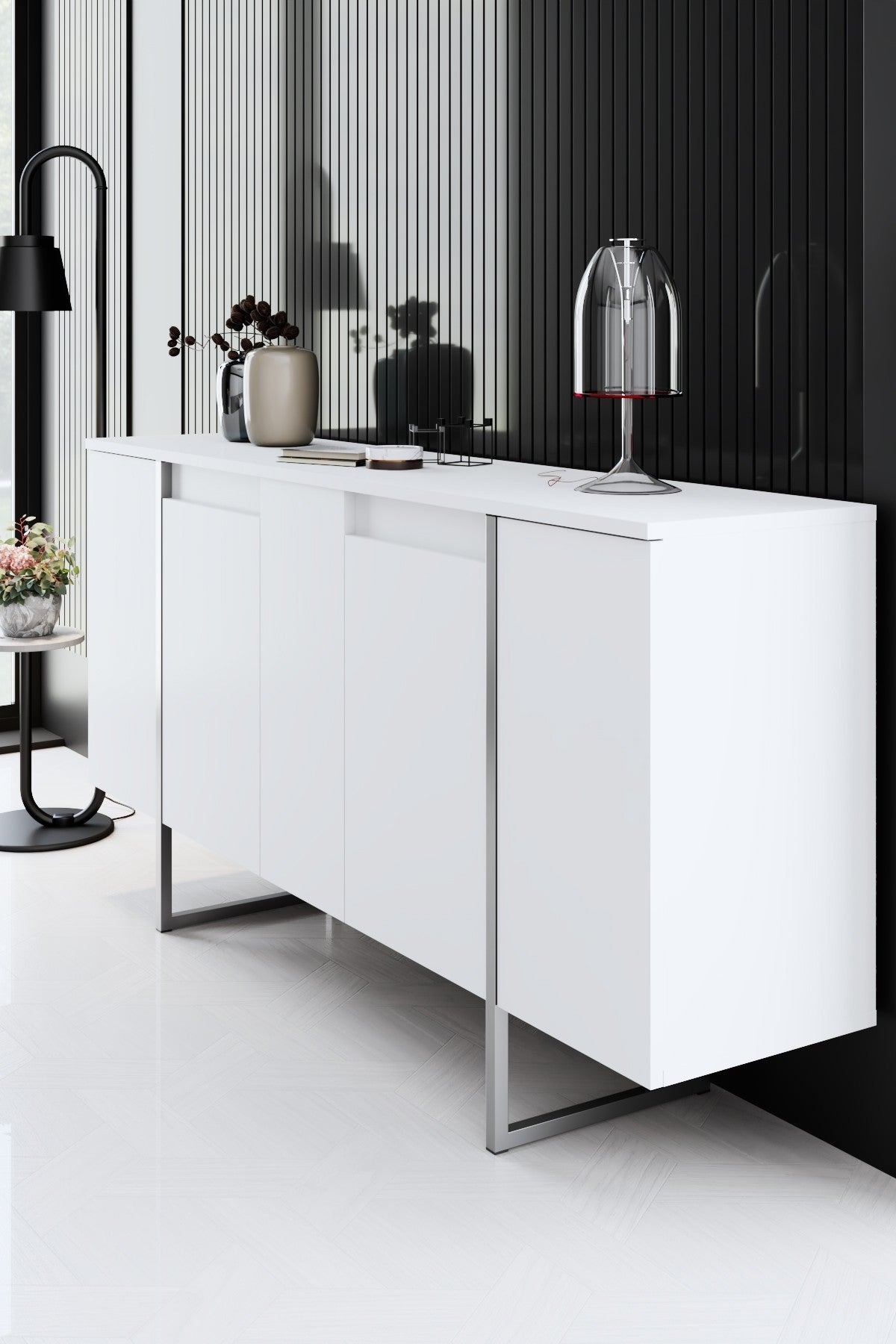Dressoirs - Modern Dressoir Wit Luxe 160x80x35 - Zilver Frame - Dimehouse