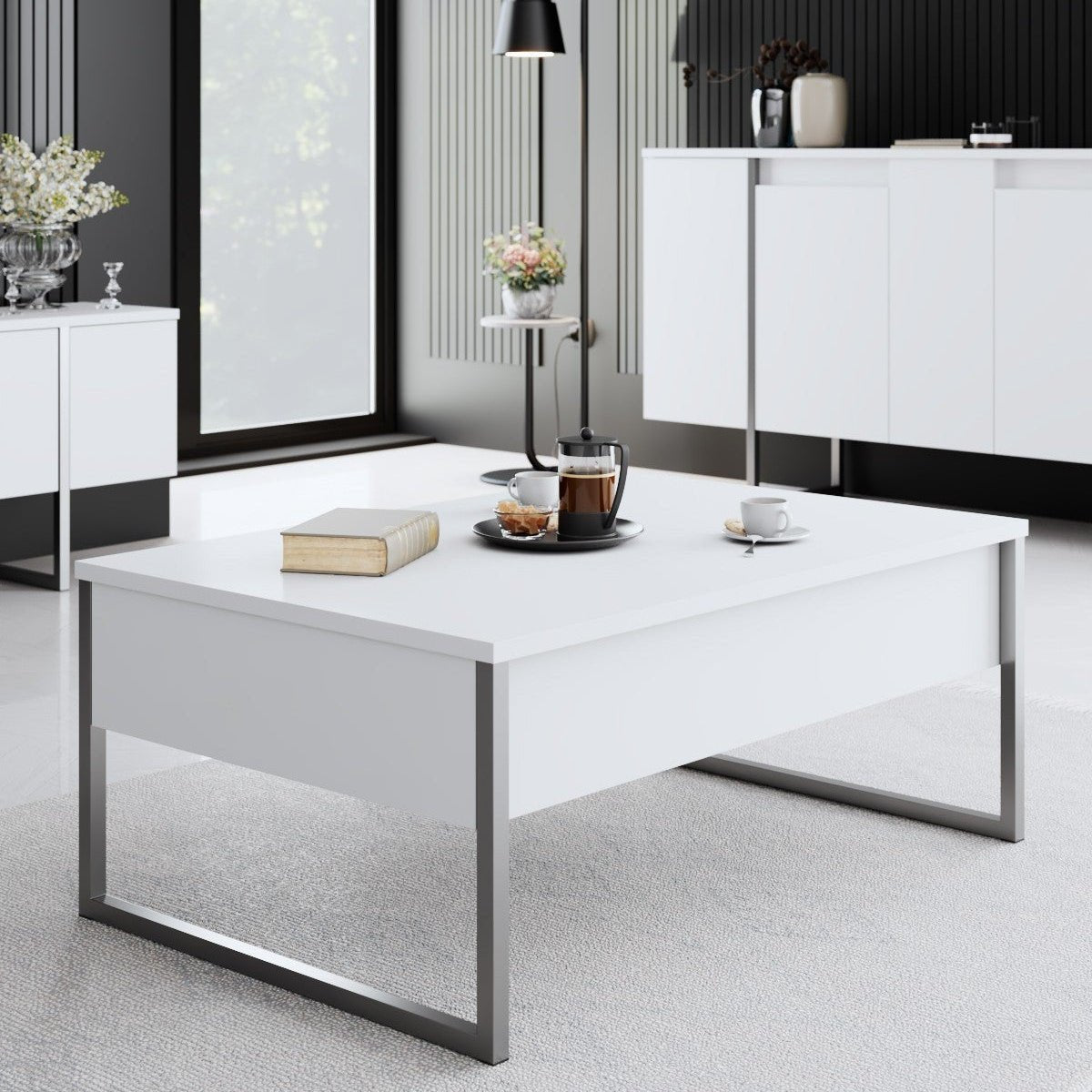 Salontafels - Rechthoekige Salontafel Wit Luxe 90x60 - Zilver Frame - Dimehouse