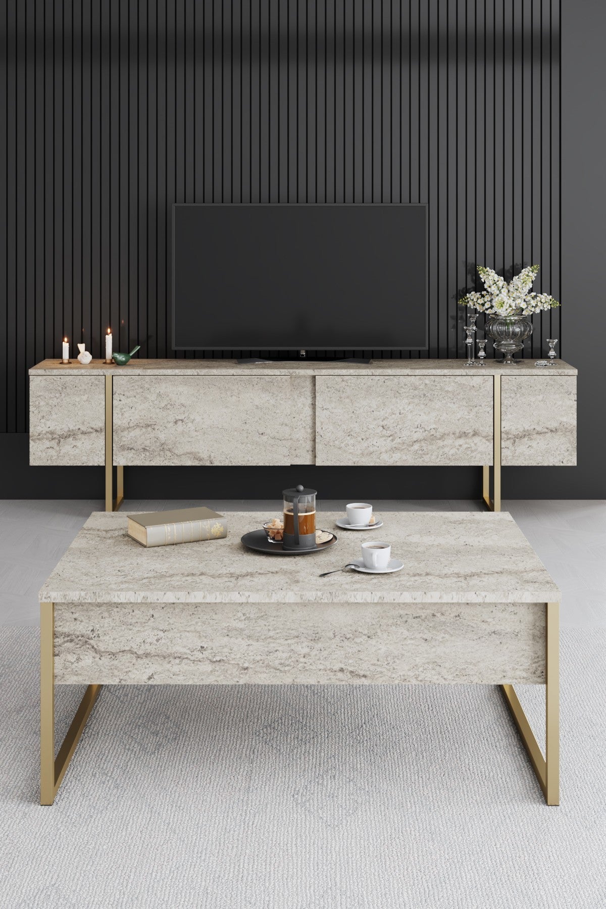 Salontafels - Rechthoekige Salontafel Travertin Luxe 90x60 - Gouden Frame - Dimehouse