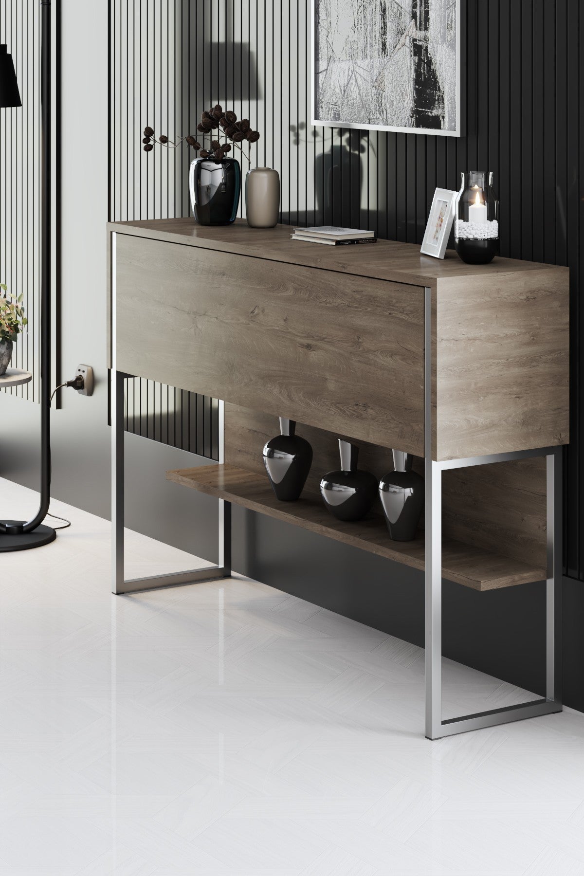 Dressoirs - Modern Dressoir Walnoot Luxe 120x80x30 - Zilver Frame - Eén Vak - Dimehouse