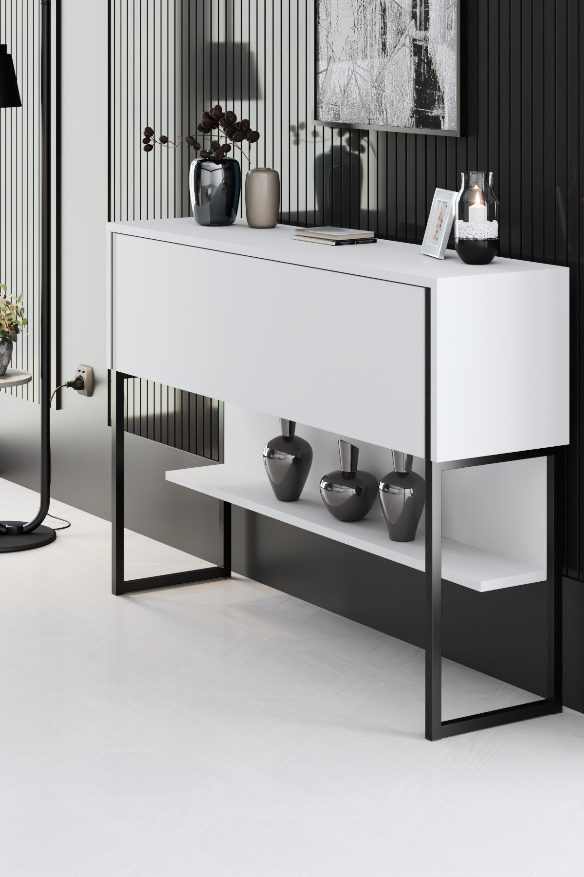 Moderne skænk Hvid Luksus 120x80x30 - Sort Stel - Et rum