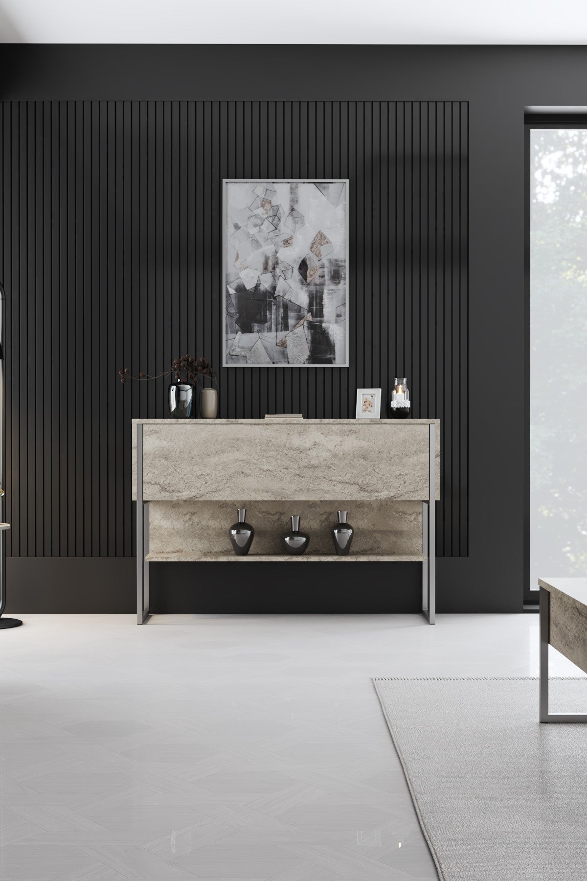 Dressoirs - Modern Dressoir Travertin Luxe 120x80x30 - Zilver Frame - Eén Vak - Dimehouse