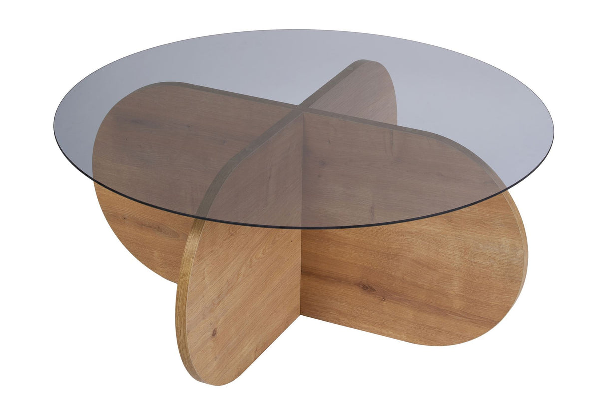 Ronde salontafel Aris eiken look melamine en rookglas 75 cm