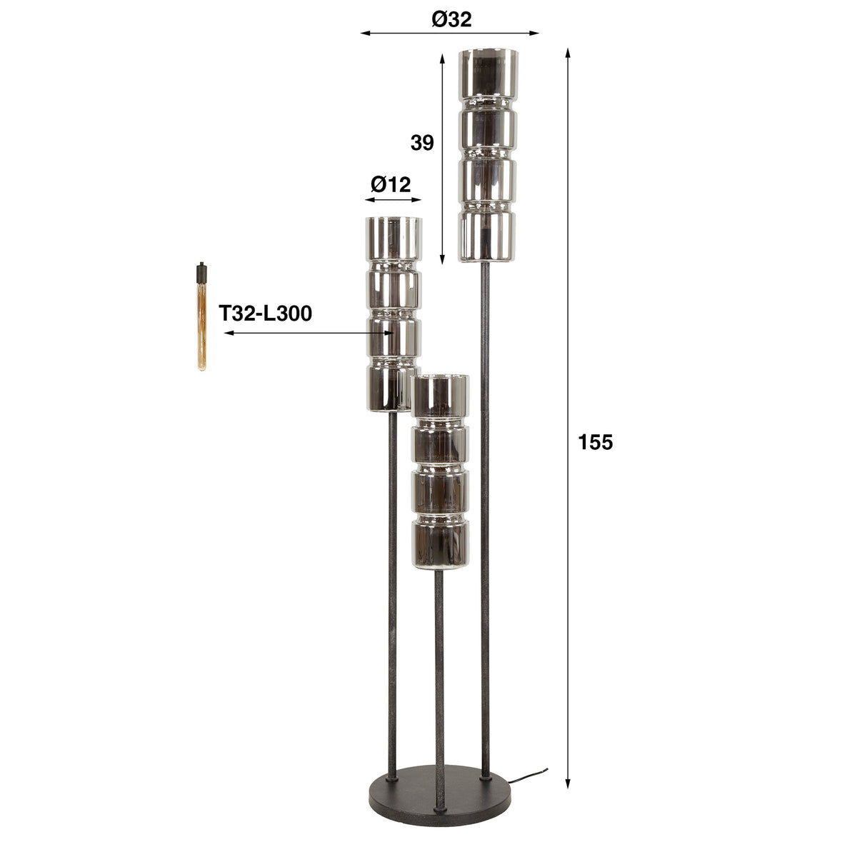 Gulvlampe Kik 3-lys trincylinderglas