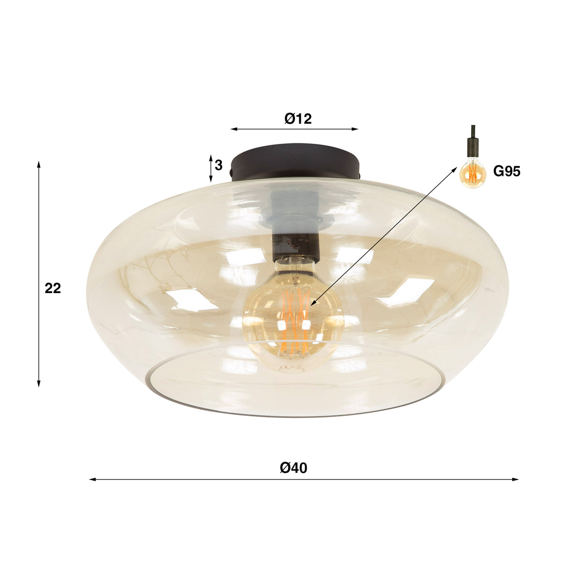 Plafondlampen - Plafondlamp Phil 1 - lichts amberkleurig glas - Dimehouse