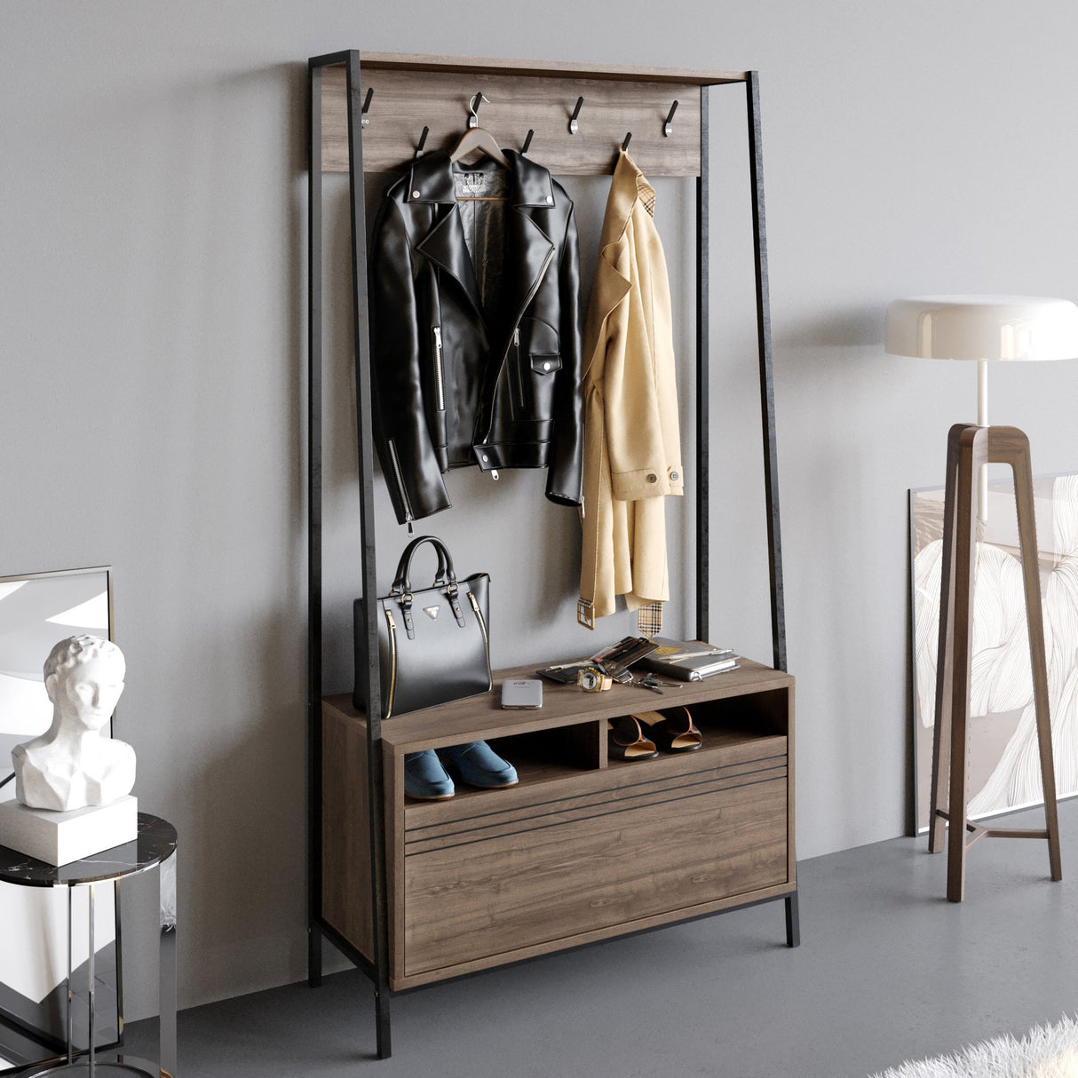 Garderobemøbel Knagerække Valnød Melamin Devon - Med Rum og Skuffe