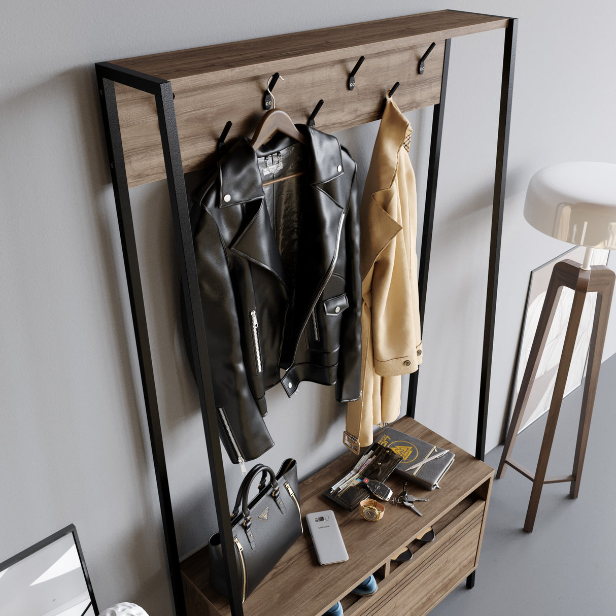 Garderobemøbel Knagerække Valnød Melamin Devon - Med Rum og Skuffe