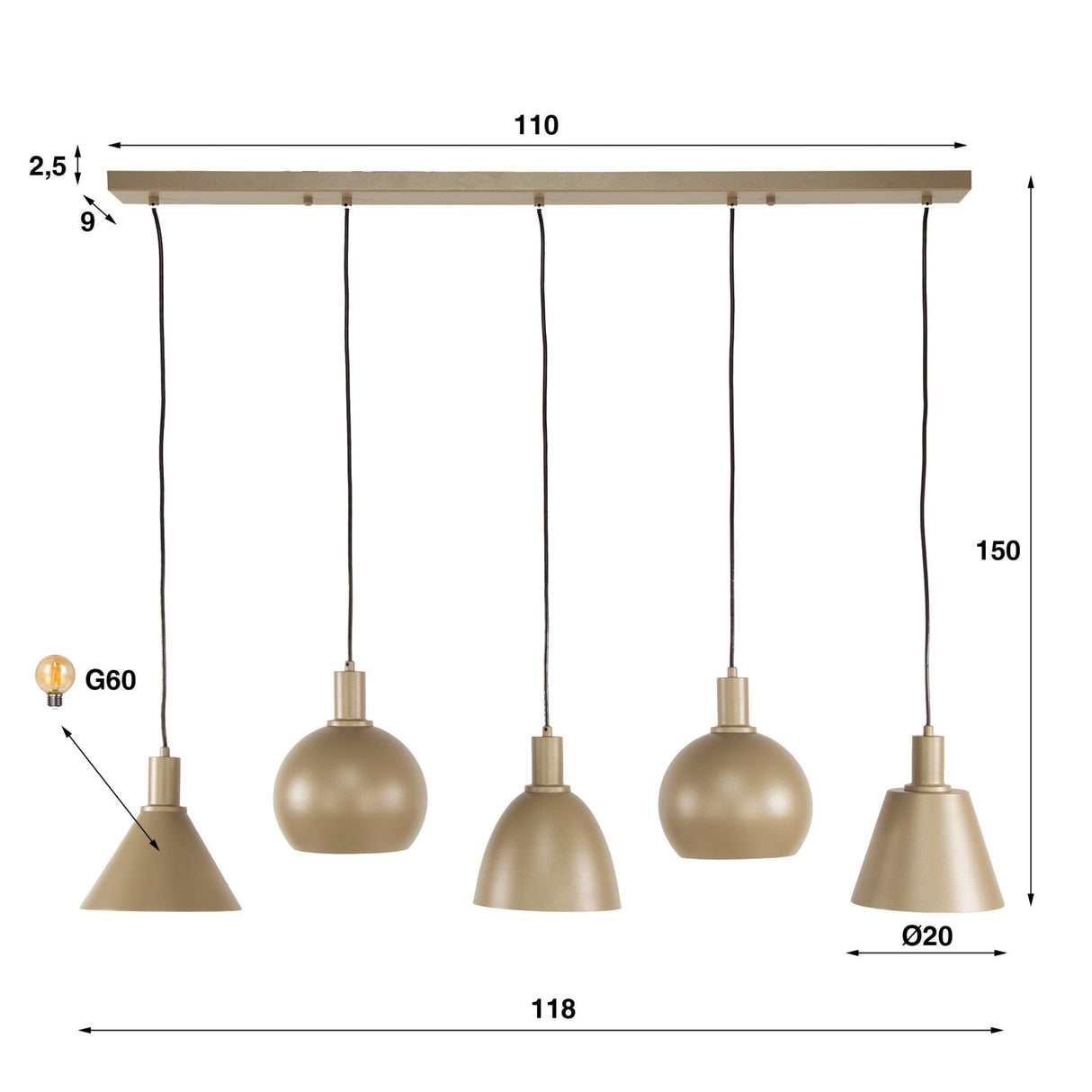 Hængelampe Nova 5-lys - Beige - 120 cm