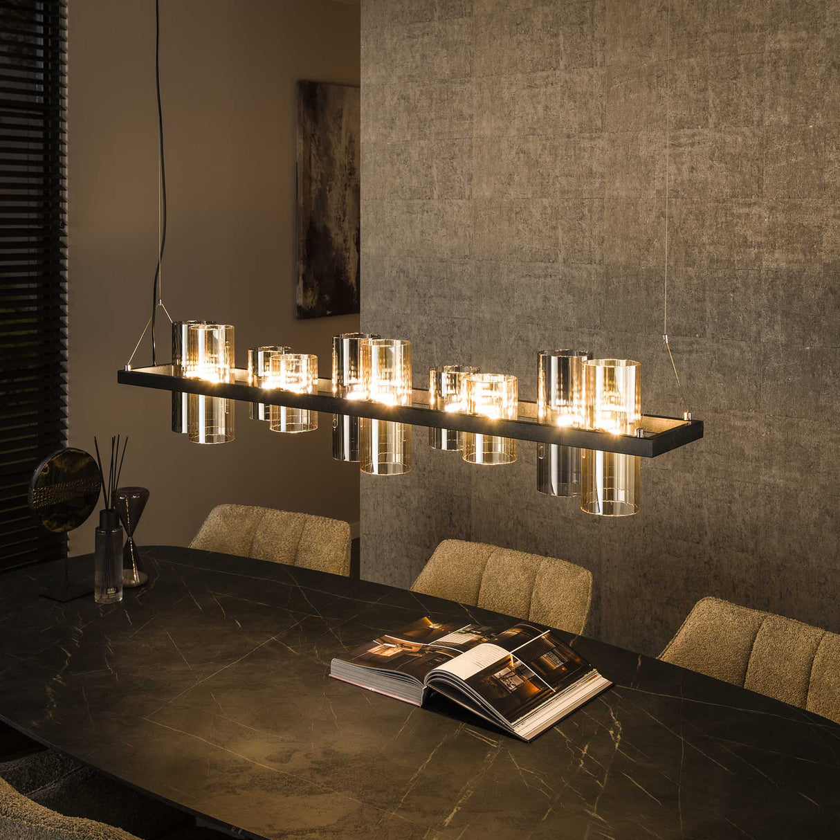 Hængelampe Khai 10-lys cylinder blandet glas