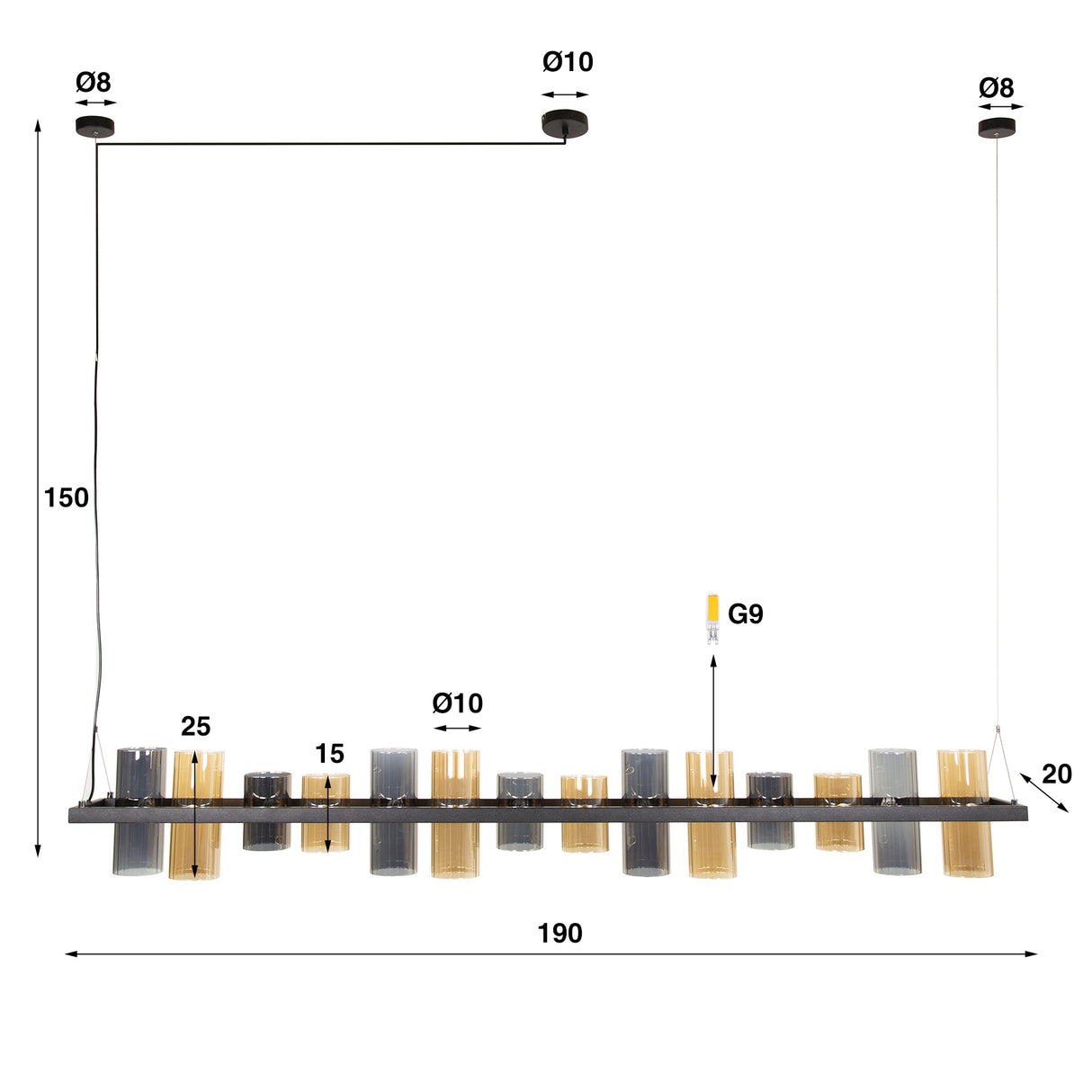 Hængelampe Khai 14-lys cylinder blandet glas