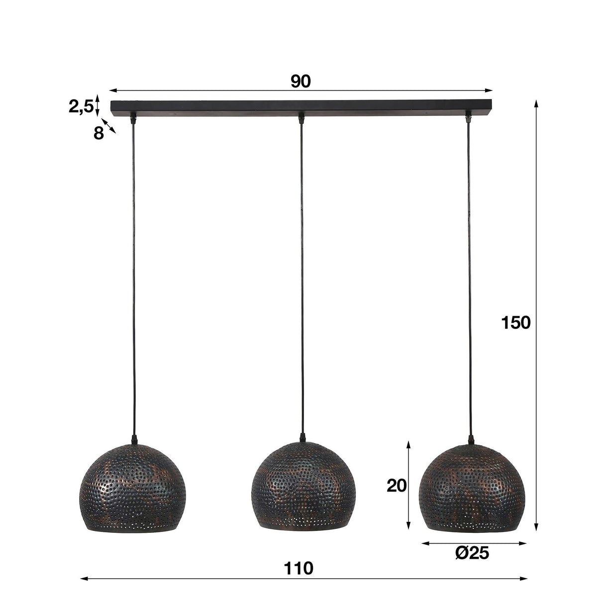 Hængelampe Aya 3 Sphere DH Interiør Brun LxBxH 87x33x27 Sort brun Hvid fotostørrelsesindikation