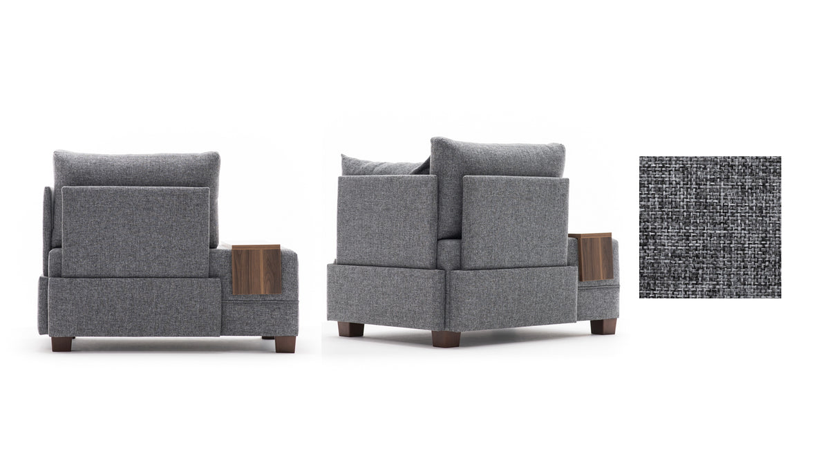 Fauteuils - Moderne Fauteuil Grijs Stof Fly - Rechts - Met Houten Tafeltje - Dimehouse