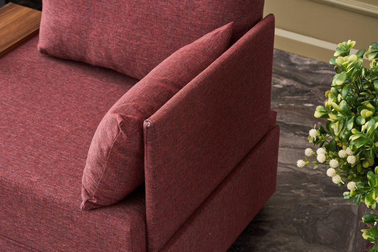 Fauteuils - Moderne Fauteuil Bordeaux Rood Stof Fly - Rechts - Met Houten Tafeltje - Dimehouse