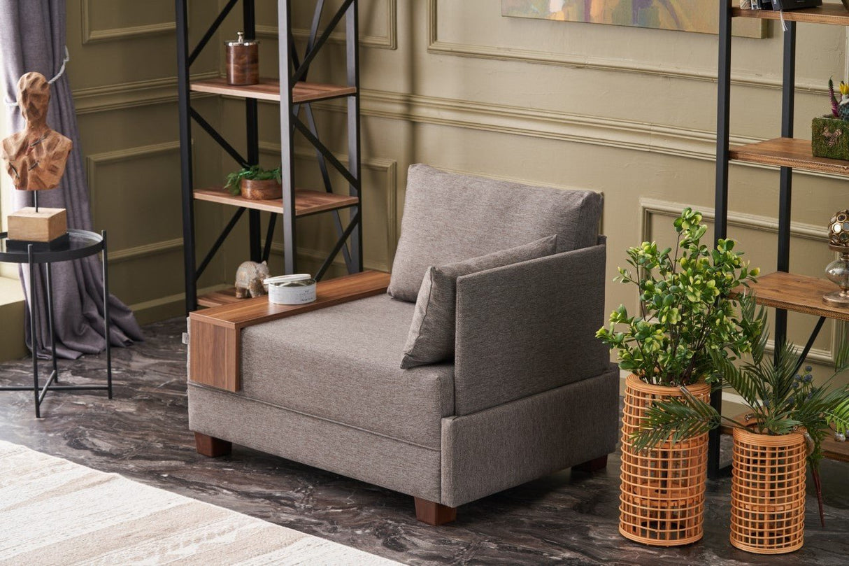Fauteuils - Moderne Fauteuil Bruin Stof Fly - Rechts - Met Houten Tafeltje - Dimehouse