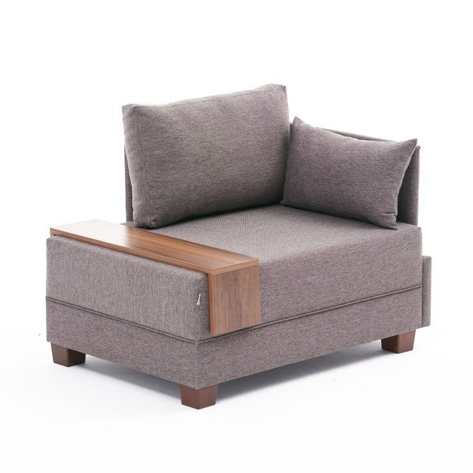Fauteuils - Moderne Fauteuil Bruin Stof Fly - Rechts - Met Houten Tafeltje - Dimehouse