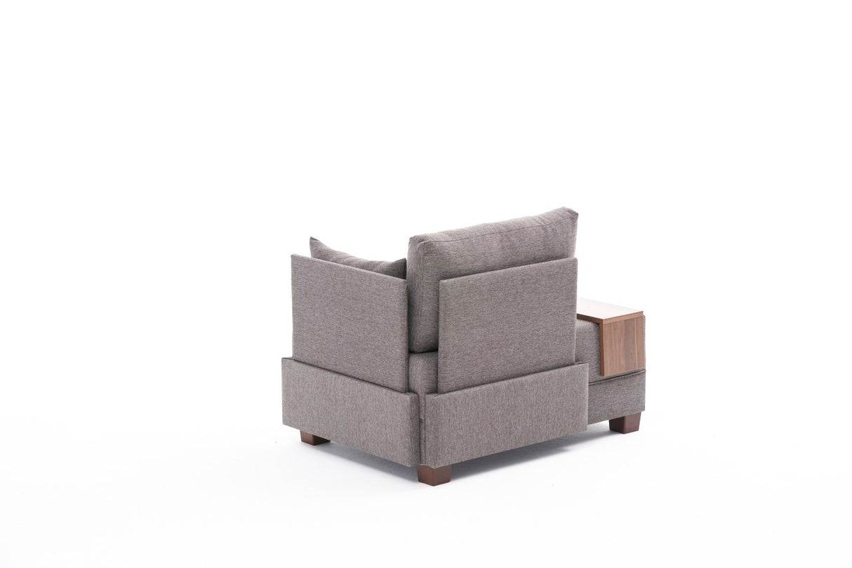 Fauteuils - Moderne Fauteuil Bruin Stof Fly - Rechts - Met Houten Tafeltje - Dimehouse