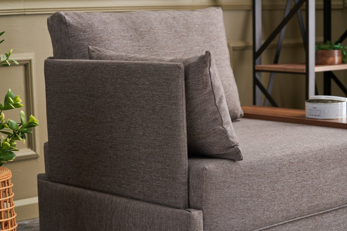 Fauteuils - Moderne Fauteuil Bruin Stof Fly - Links - Met Houten Tafeltje - Dimehouse