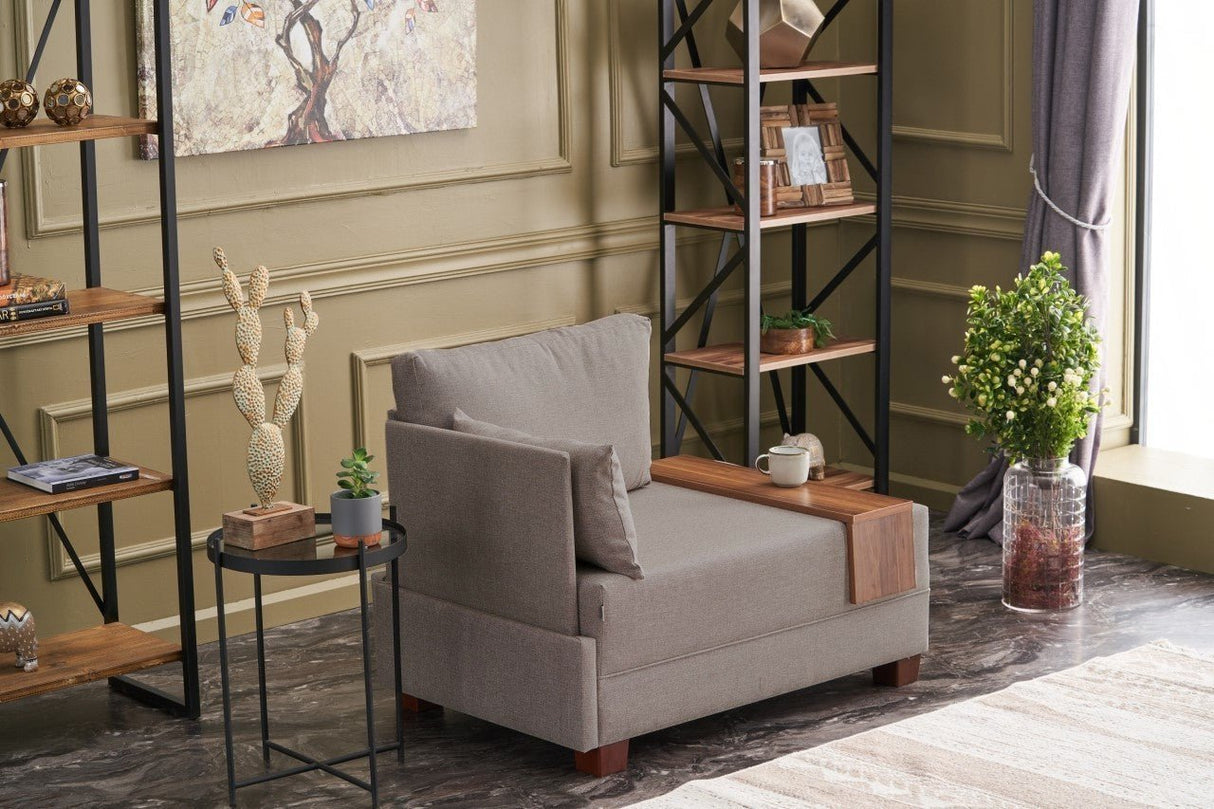 Fauteuils - Moderne Fauteuil Beige Stof Fly - Links - Met Houten Tafeltje - Dimehouse