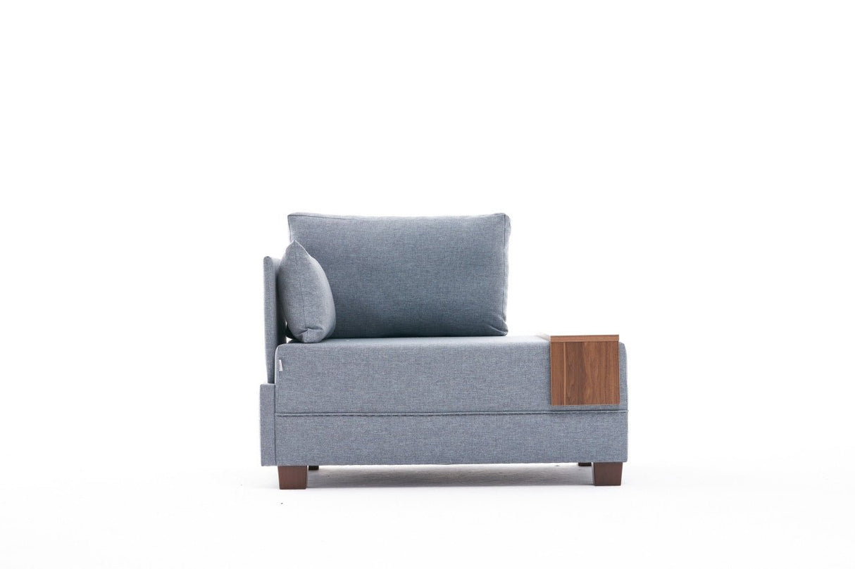 Fauteuils - Moderne Fauteuil Blauw Stof Fly - Links - Met Houten Tafeltje - Dimehouse