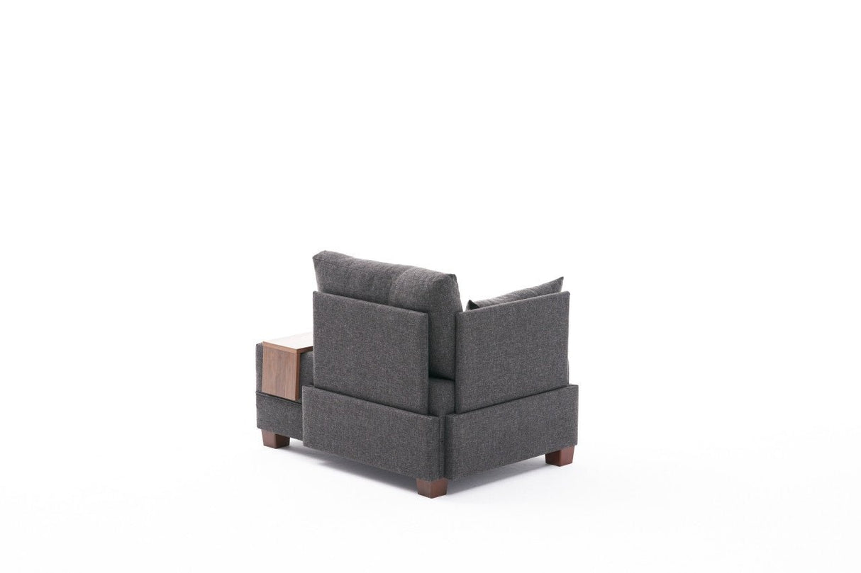 Fauteuils - Moderne Fauteuil Antraciet Stof Fly - Links - Met Houten Tafeltje - Dimehouse