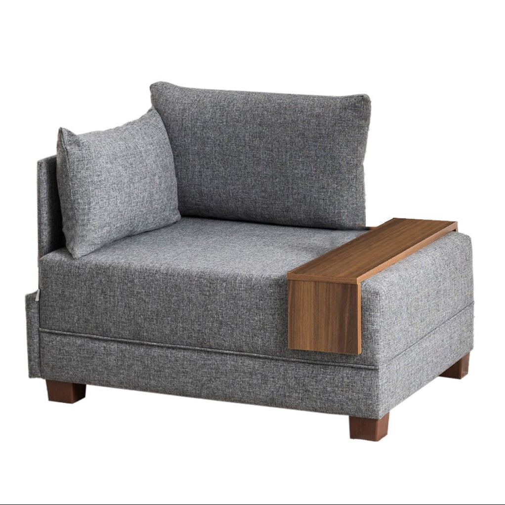 Fauteuils - Moderne Fauteuil Grijs Stof Fly - Links - Met Houten Tafeltje - Dimehouse