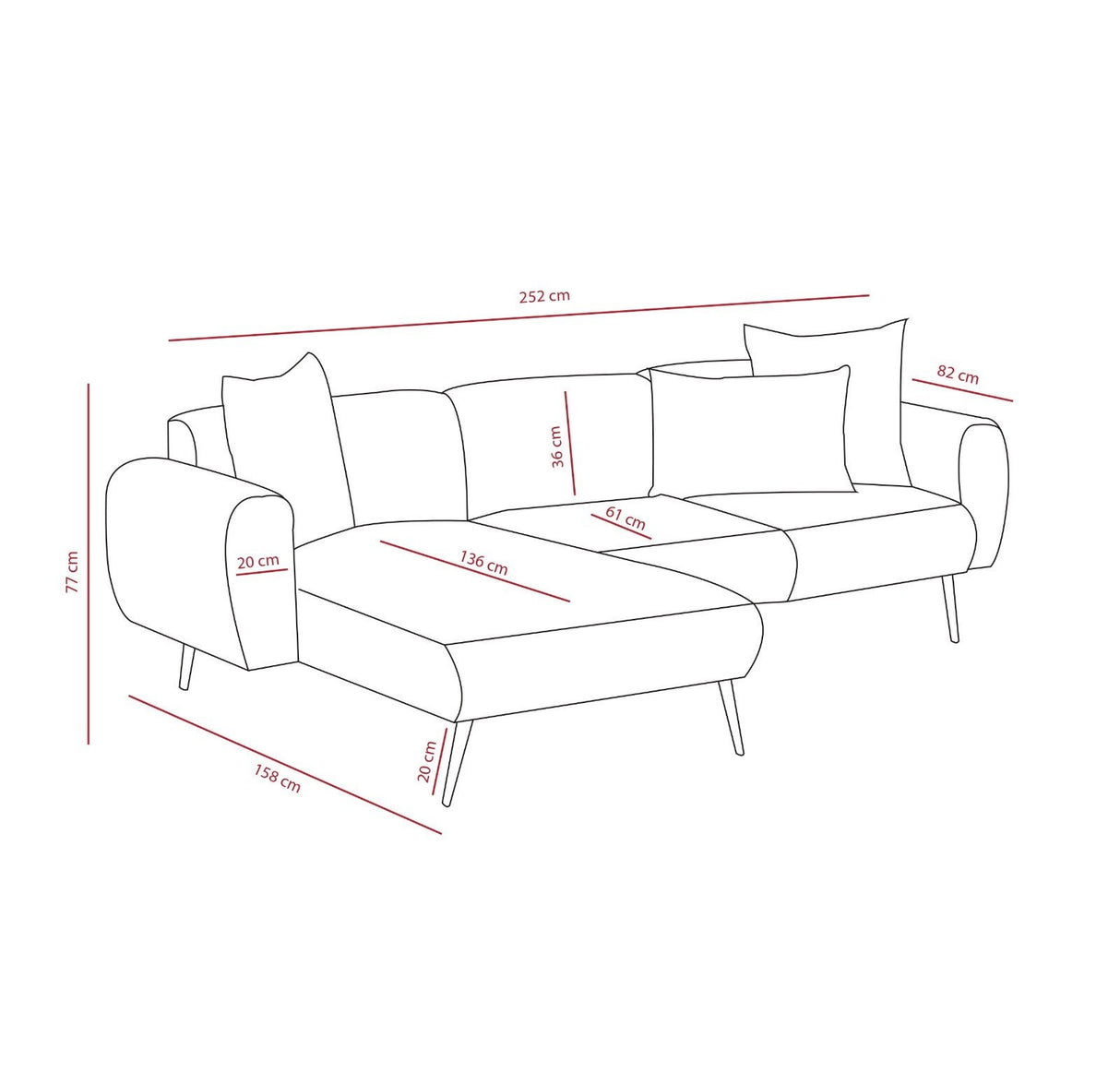 Hjørnesofa gråt stof - Høje slanke ben - solidt interiør - 252 x 155 cm - Side