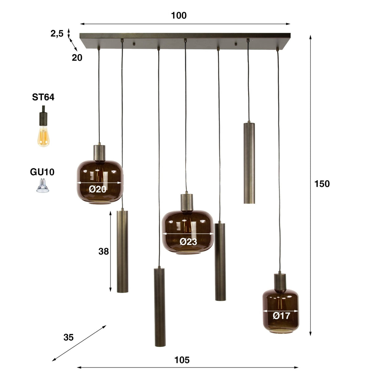 Hanglamp Dax 7-lichts brons 105 cm