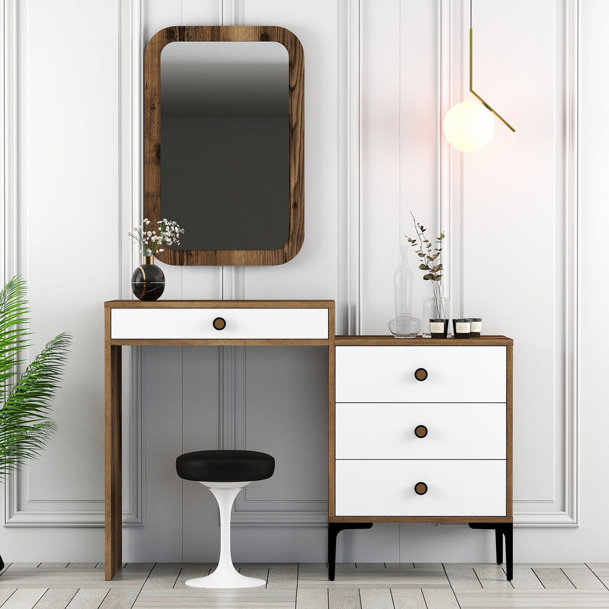 Kommode Toiletbord Lizbon Valnød Hvid Melamin 124x84,7x40 cm