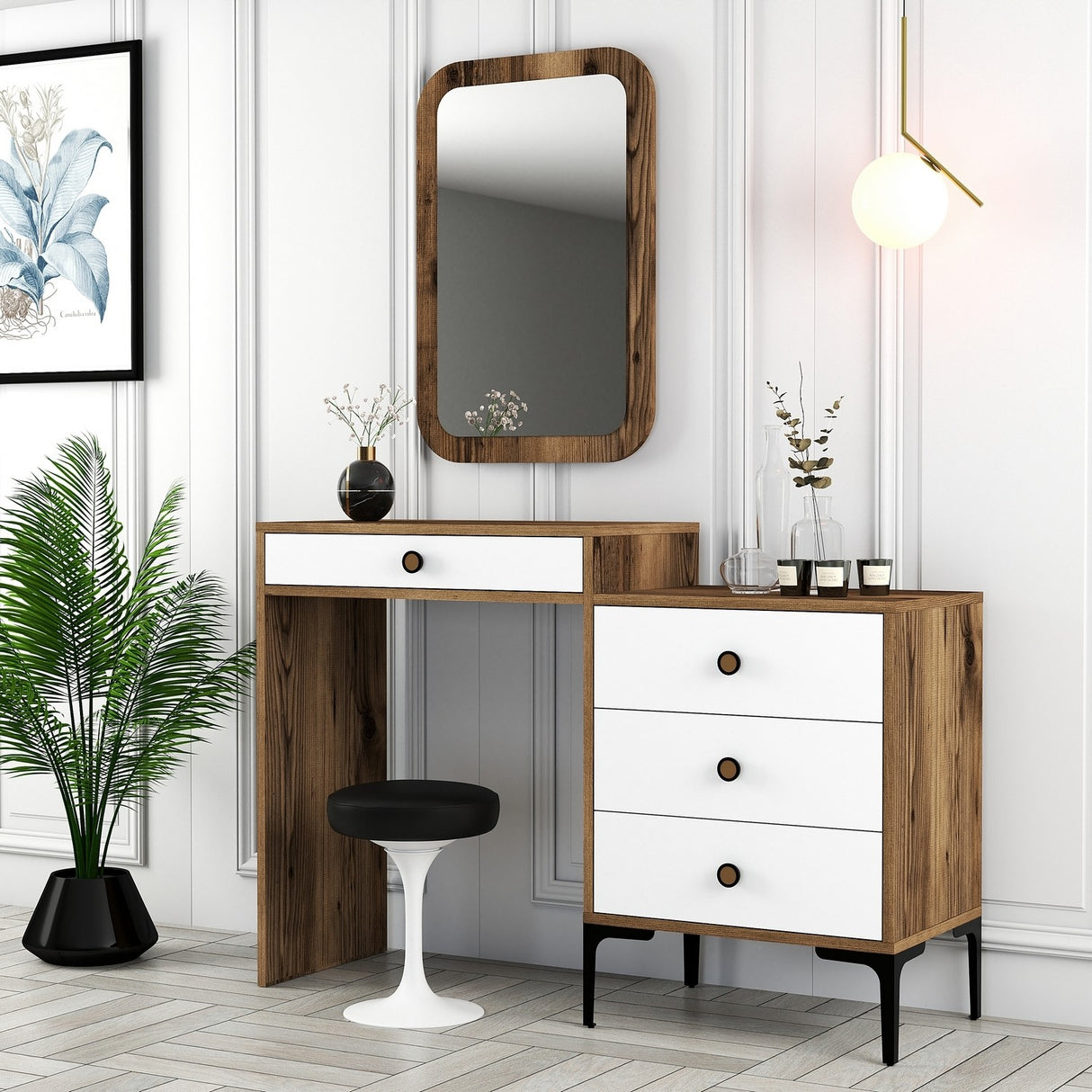Kommode Toiletbord Lizbon Valnød Hvid Melamin 124x84,7x40 cm