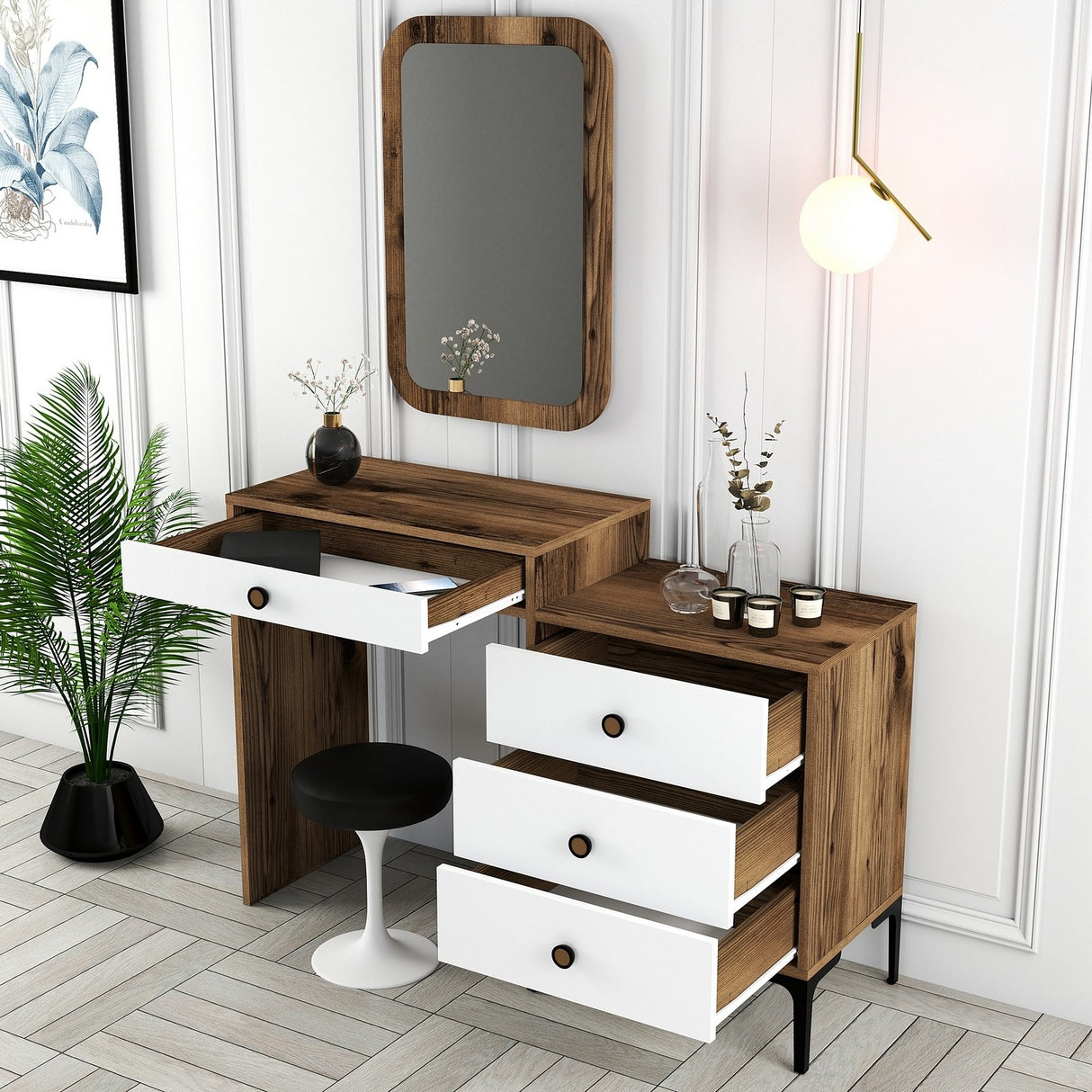 Kommode Toiletbord Lizbon Valnød Hvid Melamin 124x84,7x40 cm
