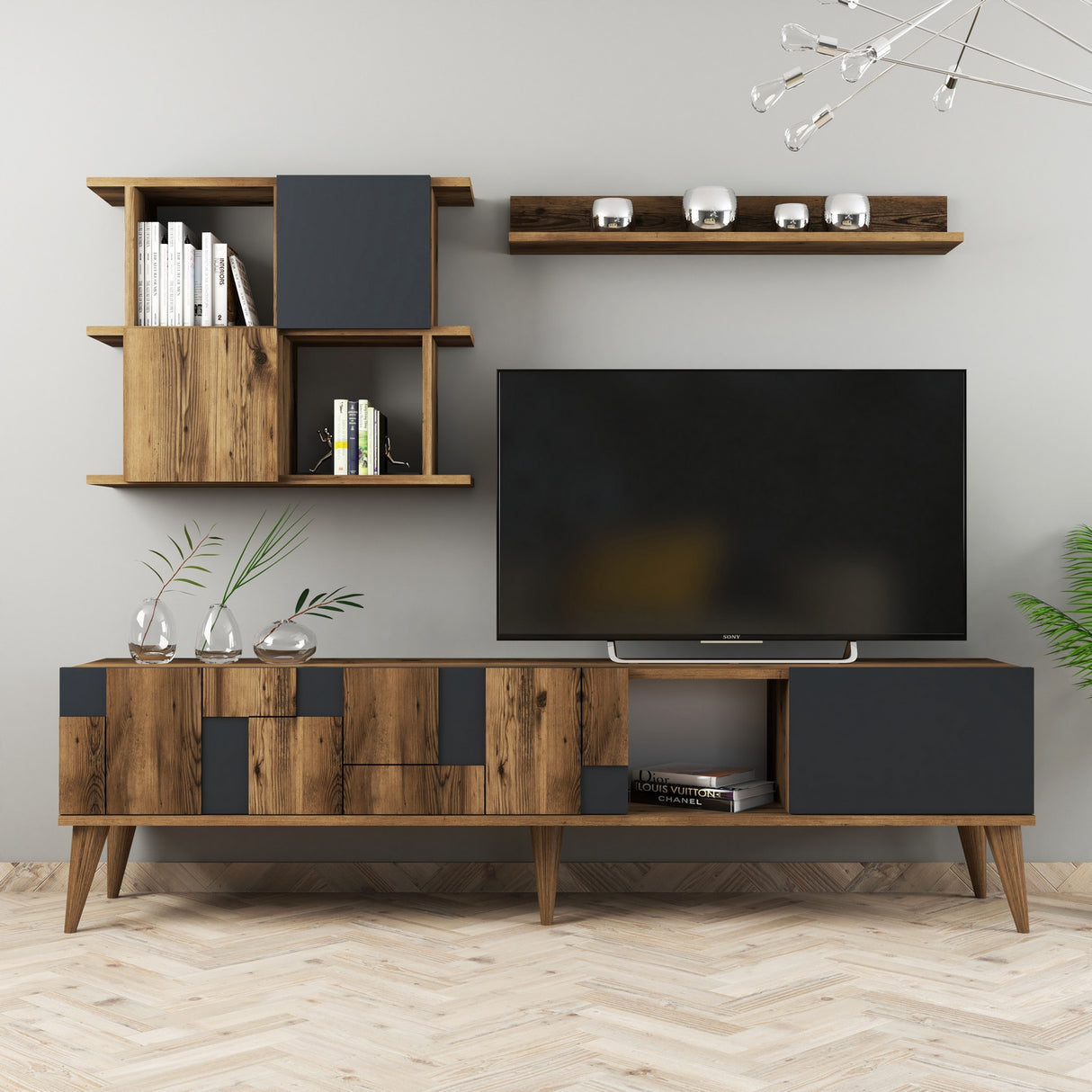 TV Meubels - TV Meubel Set Madrid Walnoot Antraciet Melamine 180x48,6x33,8 cm - Dimehouse
