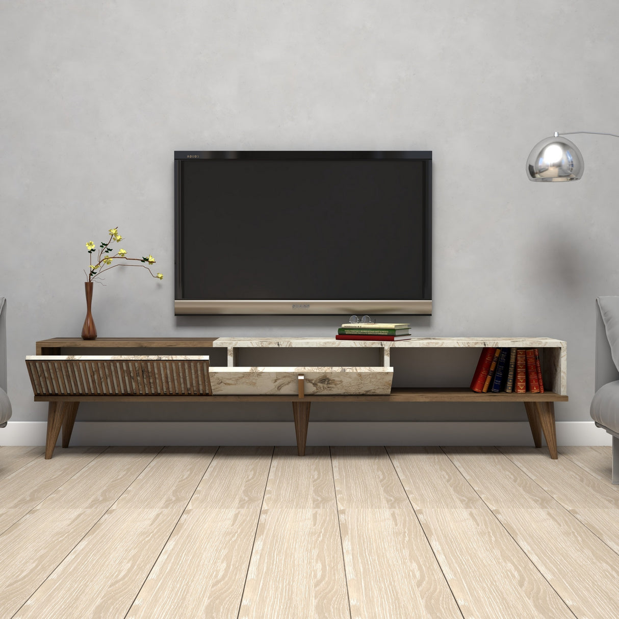 TV Meubels - TV Meubel Milan Walnoot Wit Marmer Melamine 180x40x35 cm - Dimehouse