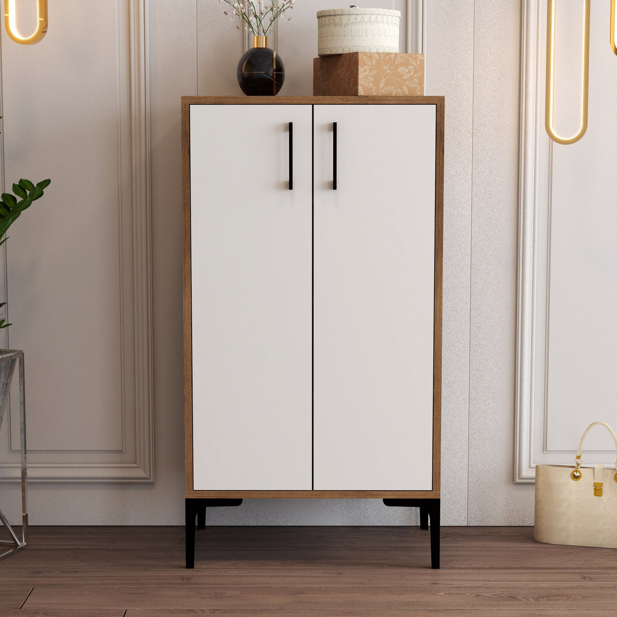 Schoenenkasten - Schoenenkast Prag Walnoot Wit Melamine 60x111x35 cm - Dimehouse