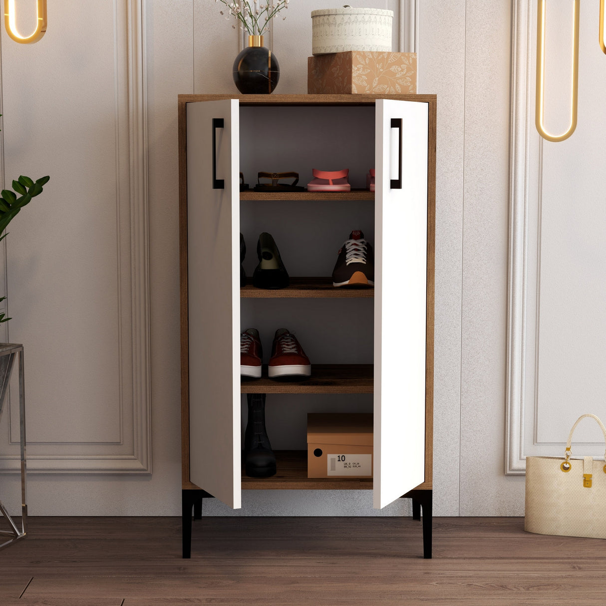 Schoenenkasten - Schoenenkast Prag Walnoot Wit Melamine 60x111x35 cm - Dimehouse