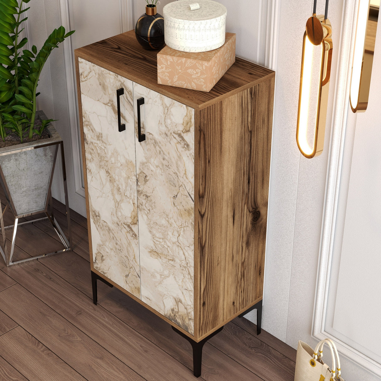 Schoenenkasten - Schoenenkast Prag Walnoot Wit Marmer Melamine 60x111x35 cm - Dimehouse
