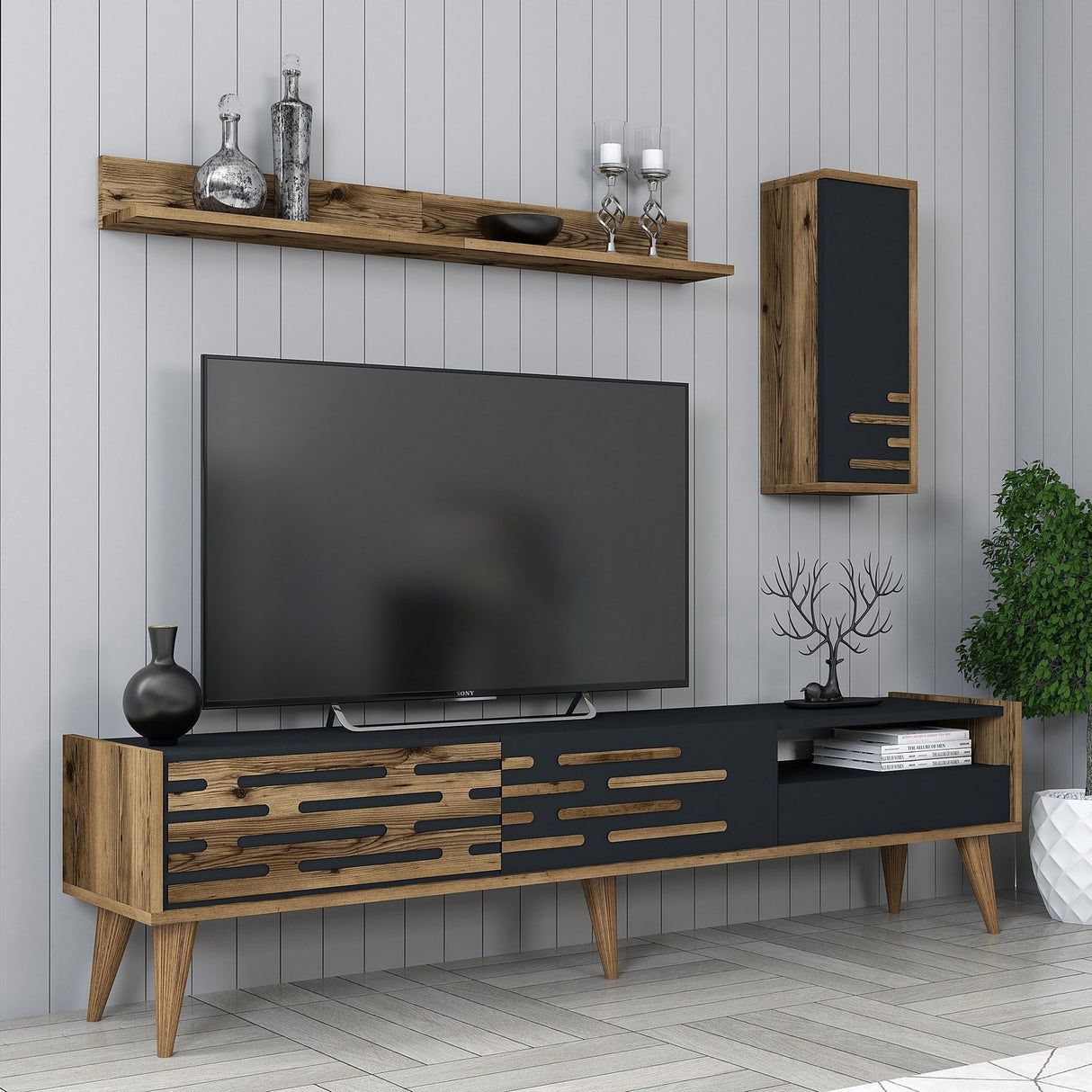 TV Meubels - TV Meubel Set Valensiya Walnoot Antraciet Melamine 180x35x45 cm - Dimehouse