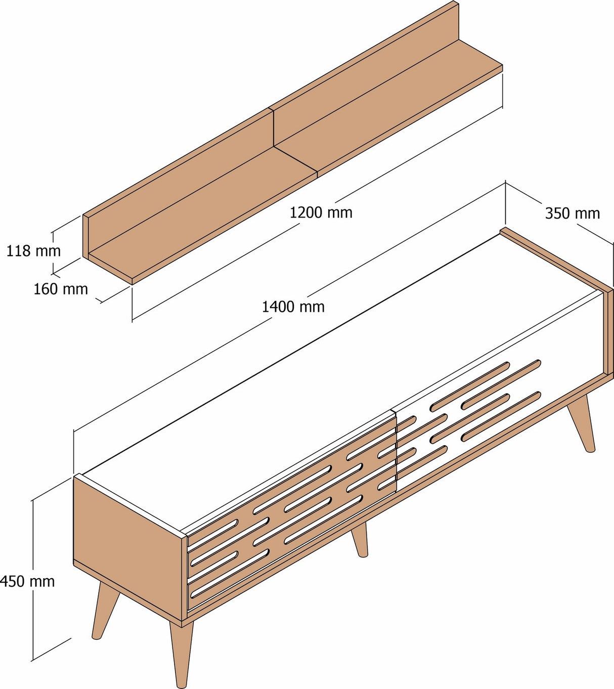 TV Meubels - TV Meubel Set Valensiya Walnoot Wit Melamine 140x35x45 cm - Dimehouse
