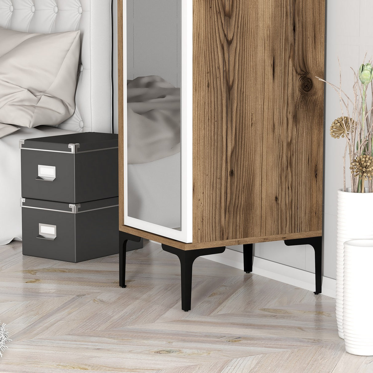 Kledingkasten - Kledingkast Kumual R Walnoot Wit Melamine 40x47,5x201,4 cm - Dimehouse