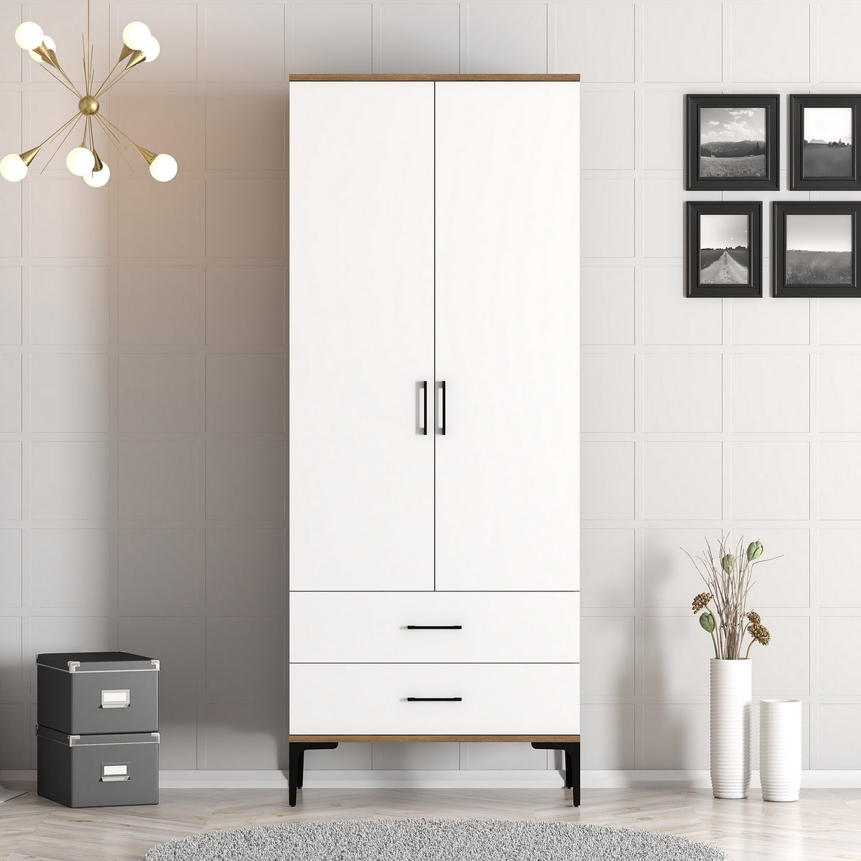 Garderobe Kumsal T Valnød Hvid Melamin 80x47,5x201,4 cm
