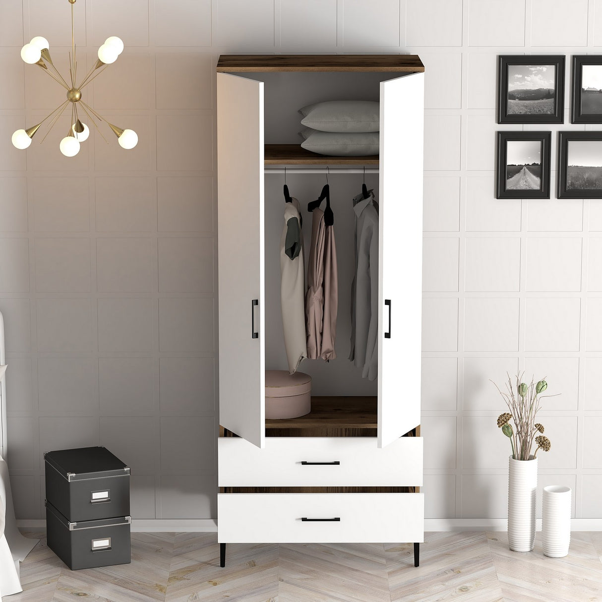 Garderobe Kumsal T Valnød Hvid Melamin 80x47,5x201,4 cm