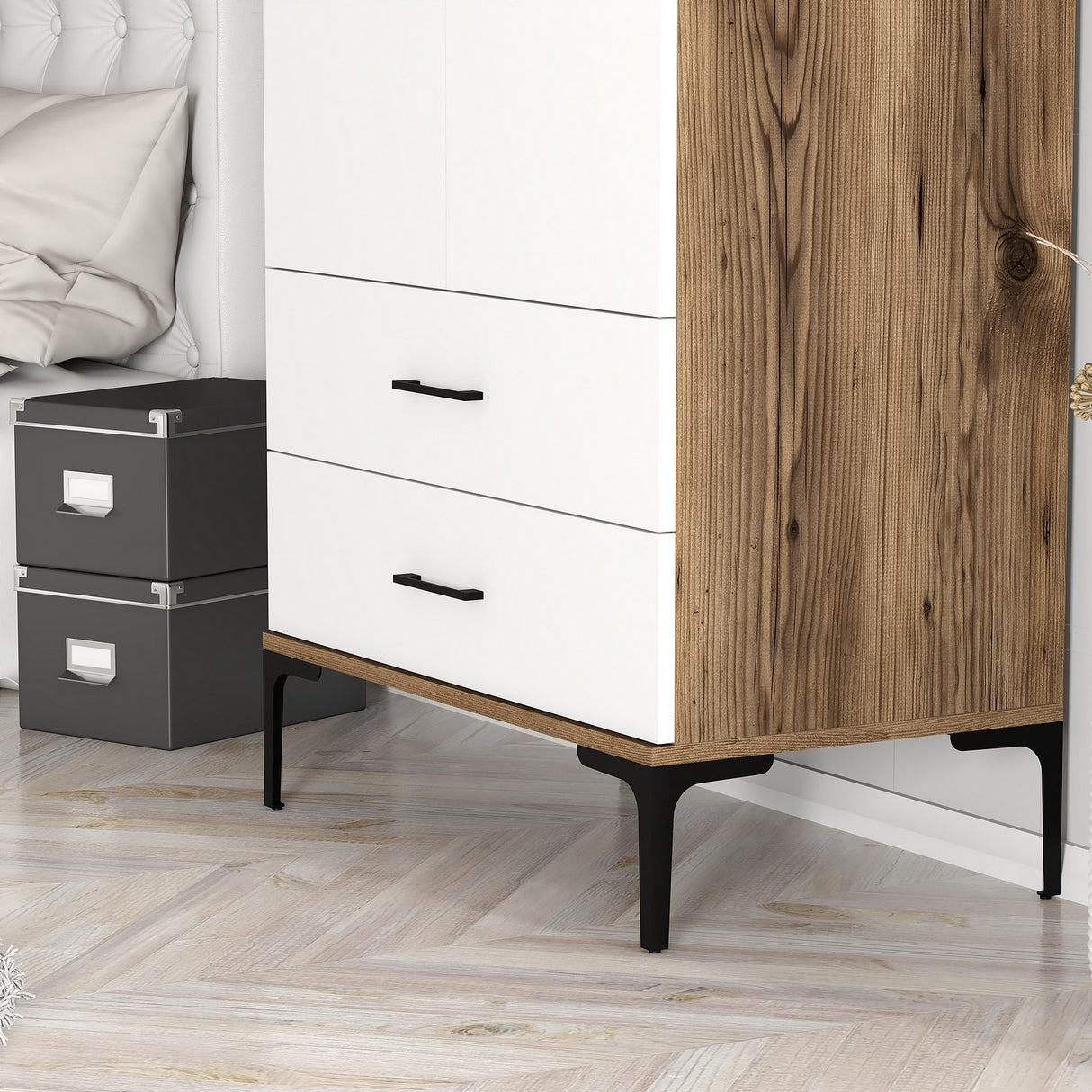 Garderobe Kumsal T Valnød Hvid Melamin 80x47,5x201,4 cm