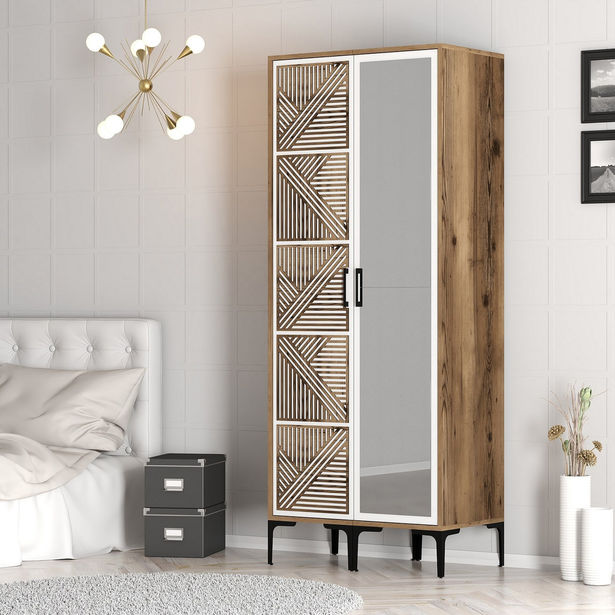 Kledingkasten - Kledingkast Kumsal PR Walnoot Wit Melamine 80x47,5x201,4 cm - Dimehouse