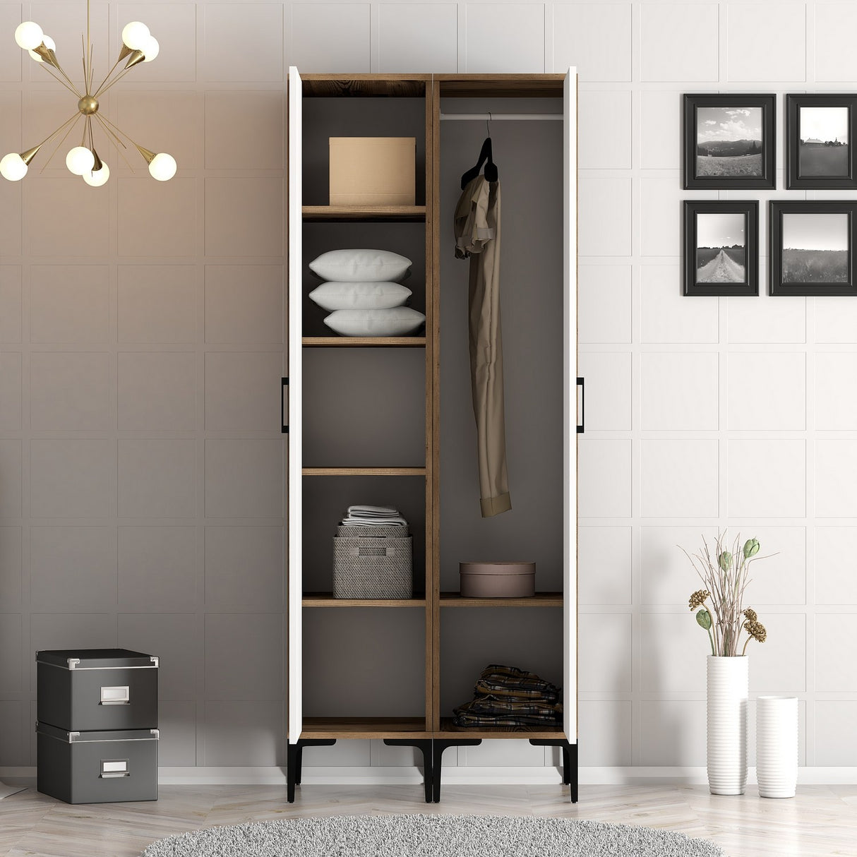Garderobe Kumsal RR Valnød Hvid Melamin 80x47,5x201,4 cm