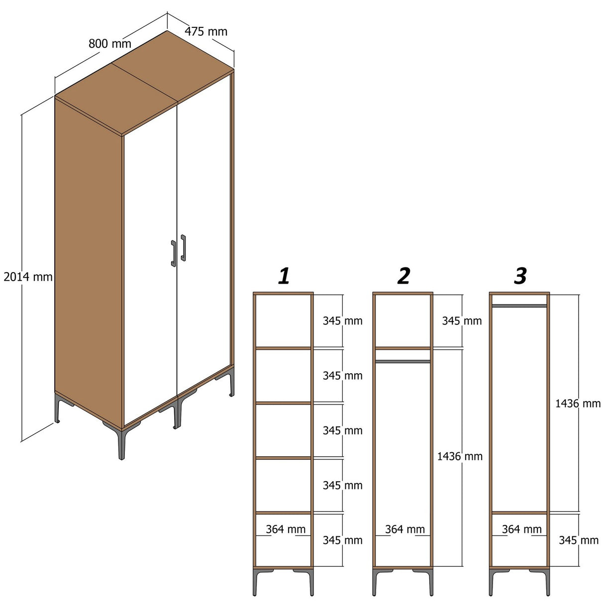 Garderobe Kumsal RR Valnød Hvid Melamin 80x47,5x201,4 cm